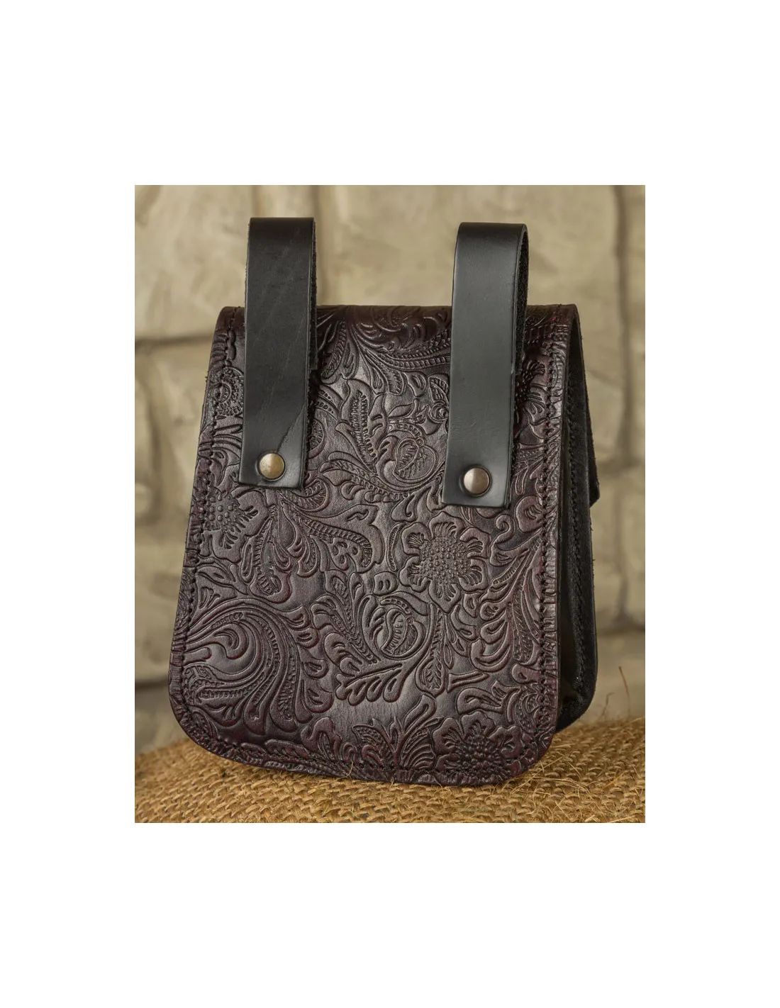 Bolso medieval Beatriz en cuero repujado rojizo