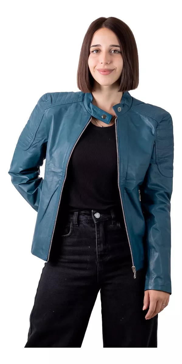 Campera De Cuero Vacuno 100% Legitimo De Mujer Azul - Lore