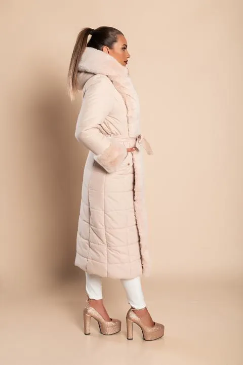 Chaqueta larga acolchada con pelo sintético, beige