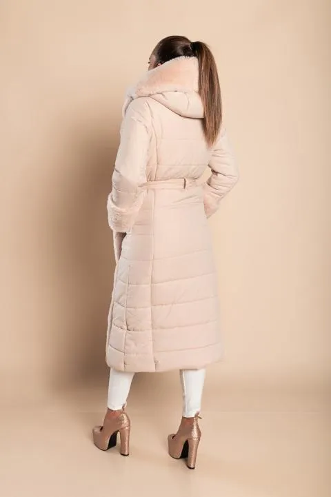 Chaqueta larga acolchada con pelo sintético, beige