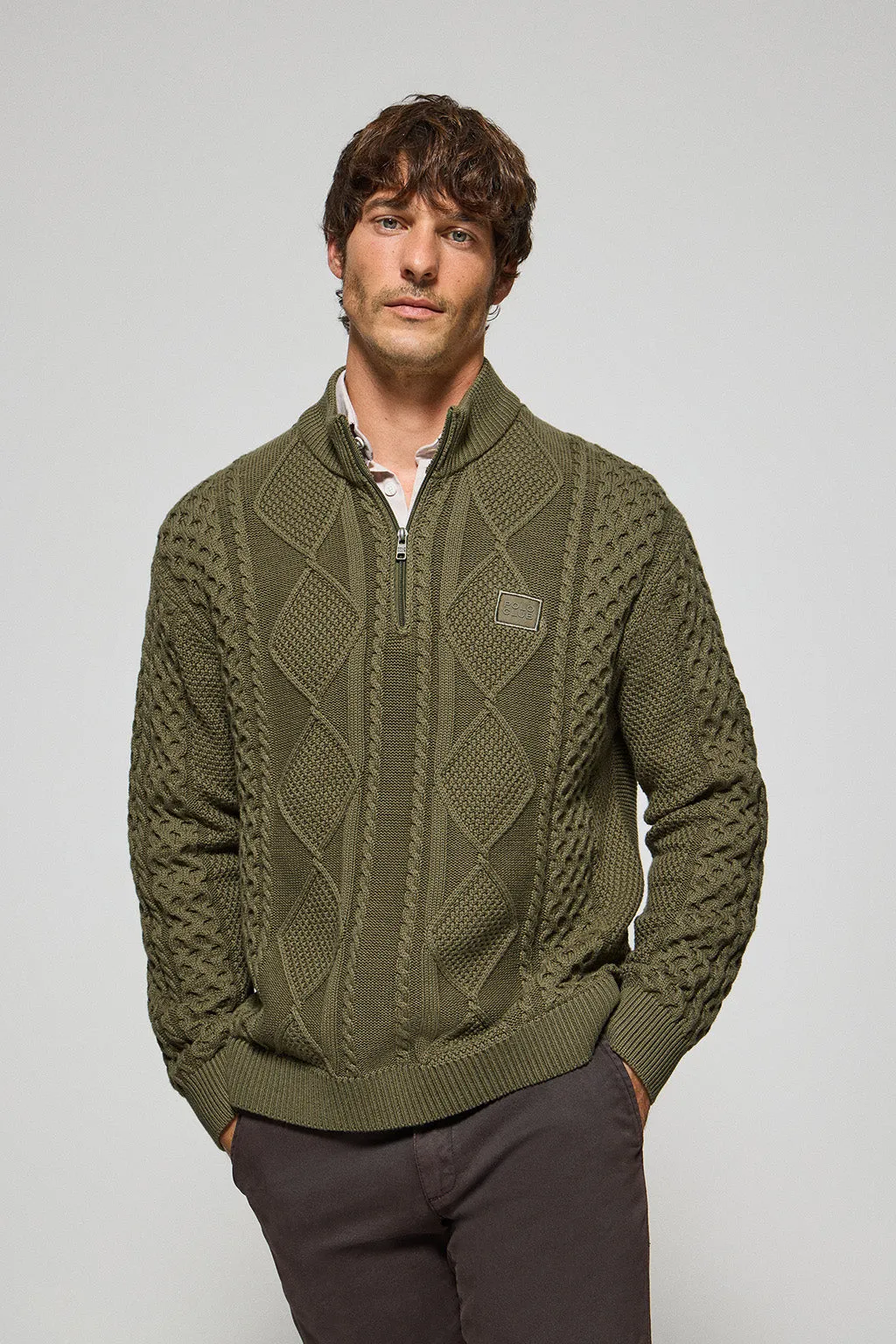 Jersey trenzado Nil verde militar con cremallera y detalle Polo Club