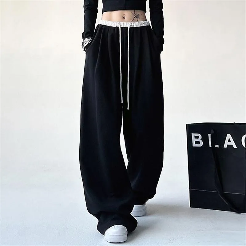 Pantalones de chándal negros para mujer Casual Vintage Harajuku Streetwear Pantalones holgados de pierna ancha