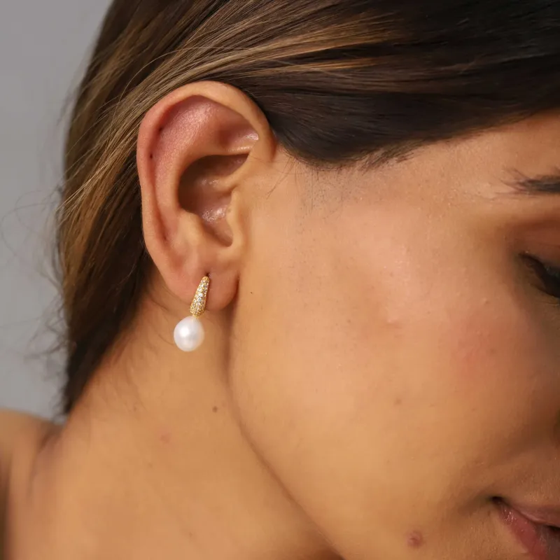 Pendientes Novia Aro con Circonitas y Perla Cultivada