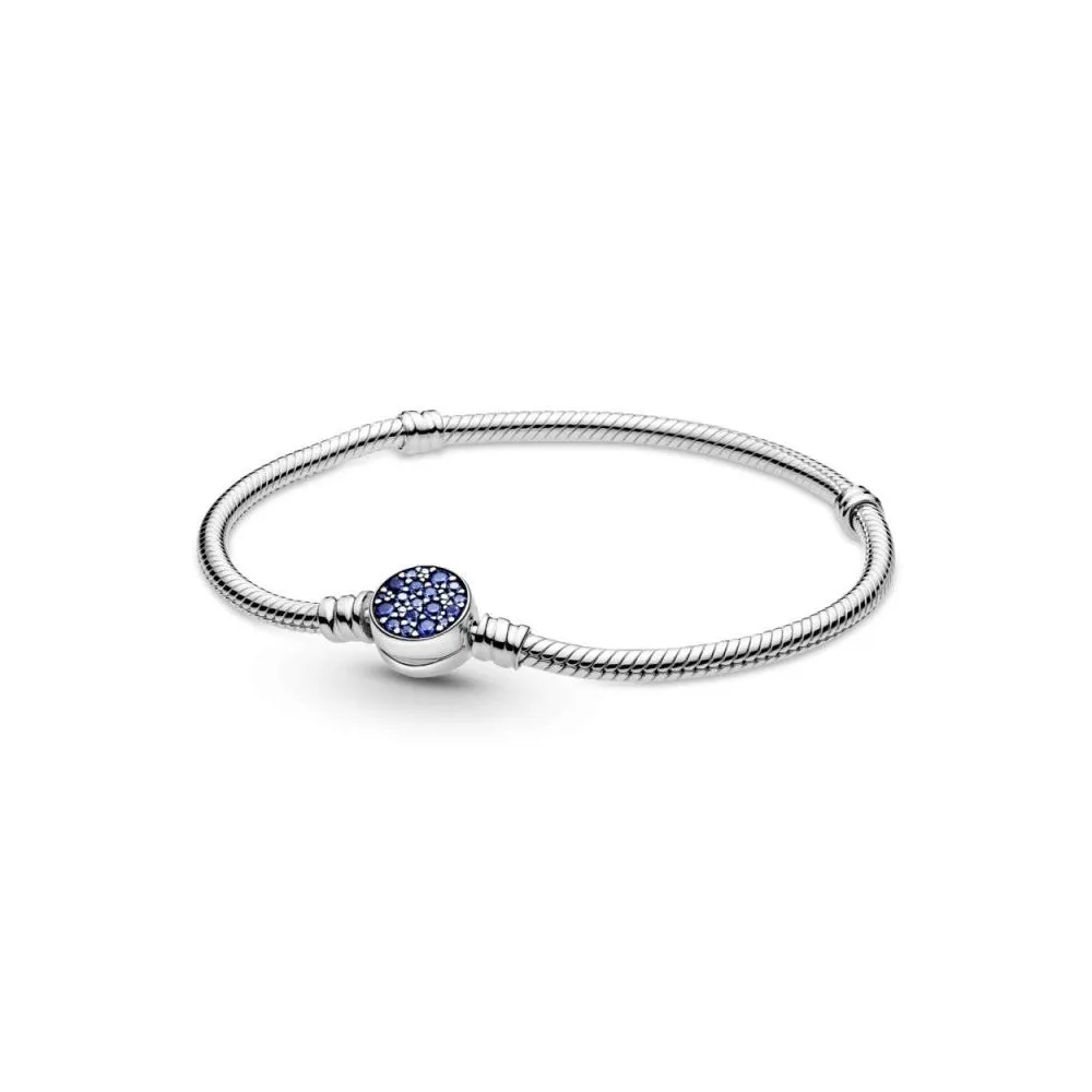 Pulsera Moments en plata de ley Cadena de Serpiente Cierre Disco Azul Brillante