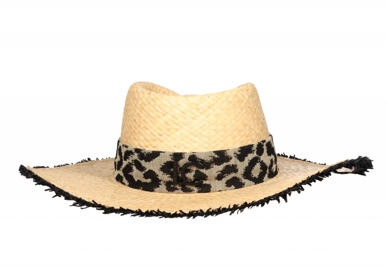 Sombrero Rafia Natural Ala Ancha Cinta Animal Print Logo Negro