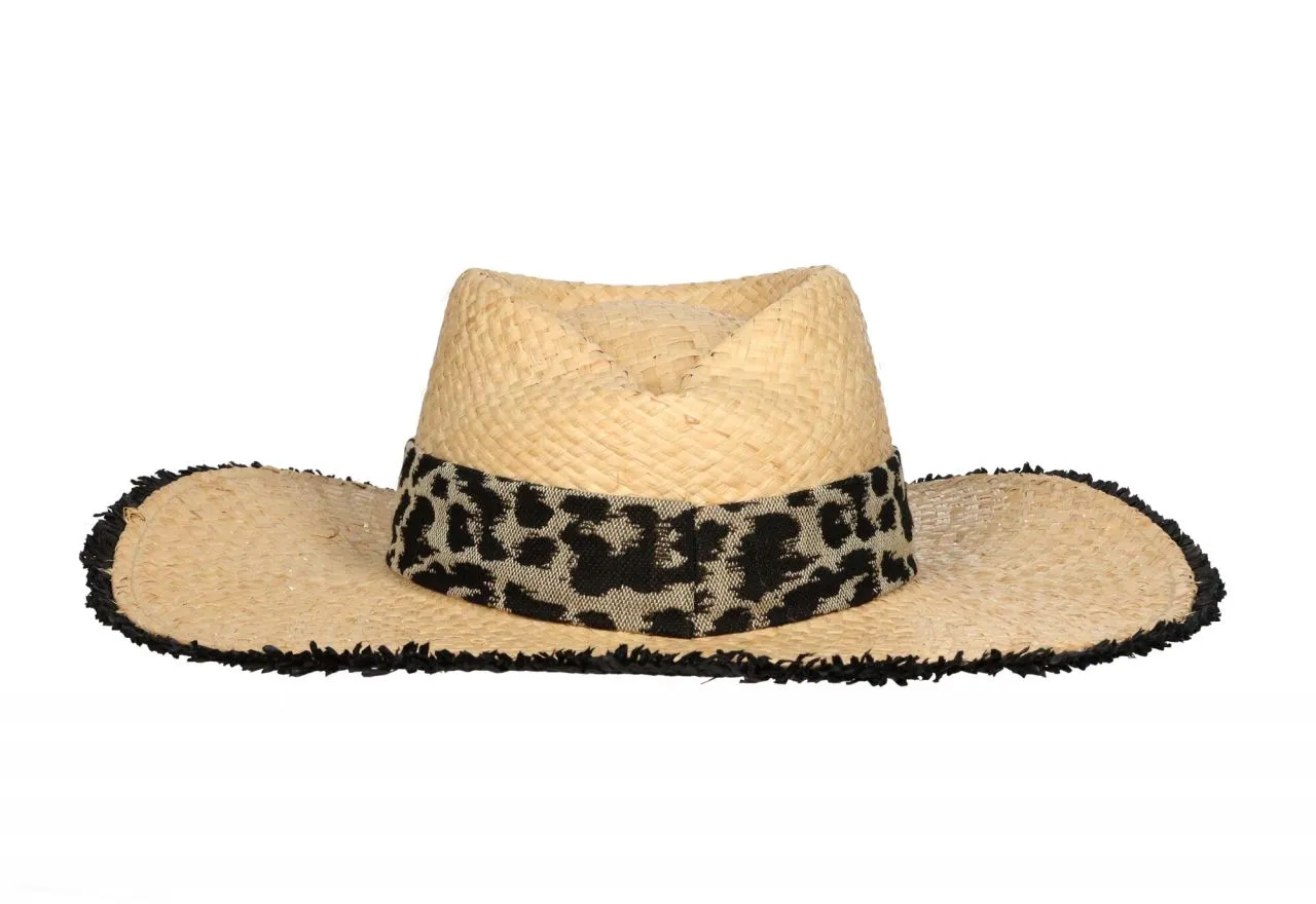 Sombrero Rafia Natural Ala Ancha Cinta Animal Print Logo Negro