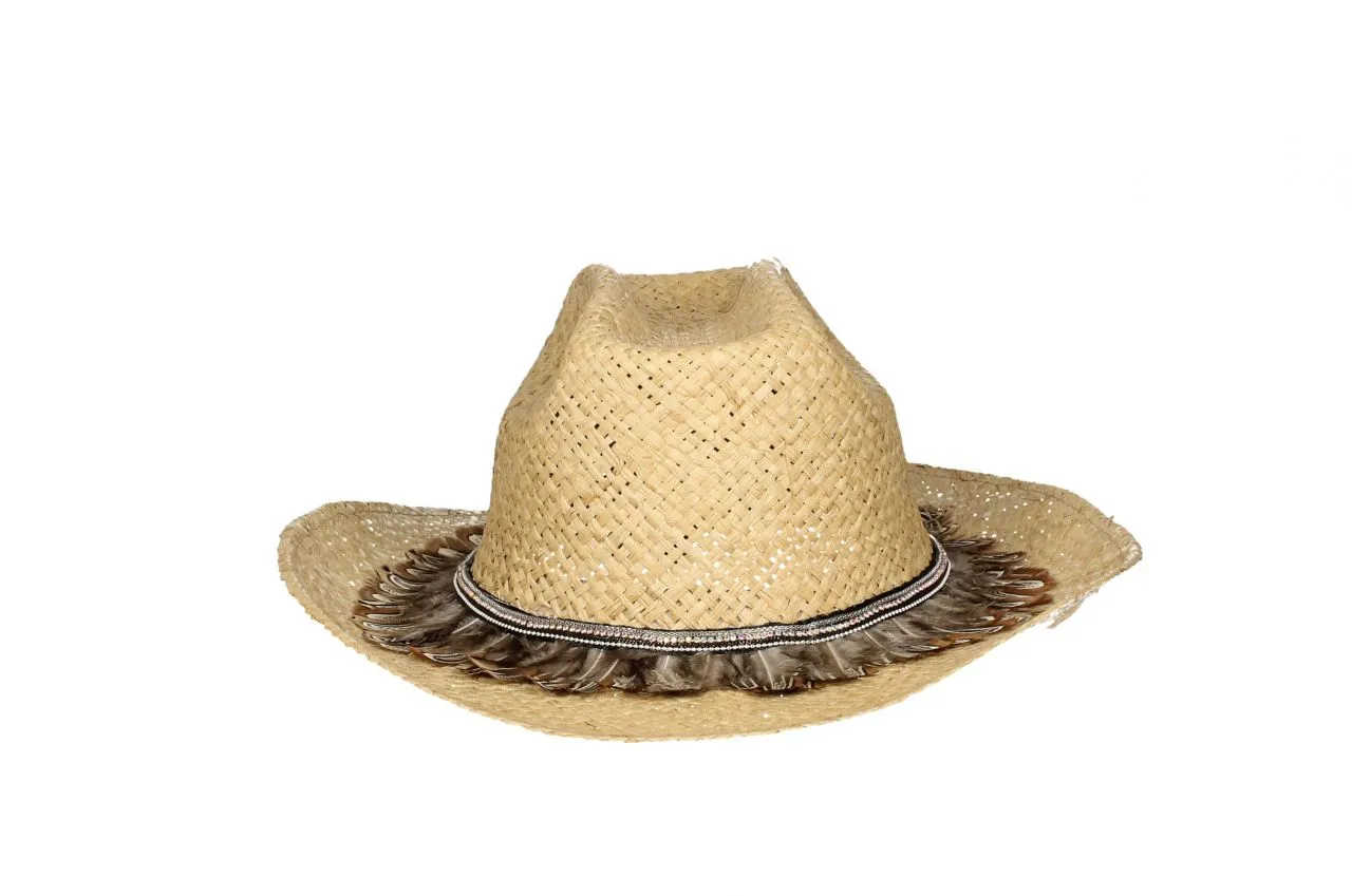 Sombrero Rafia Natural/marron Plumas y Abalorios