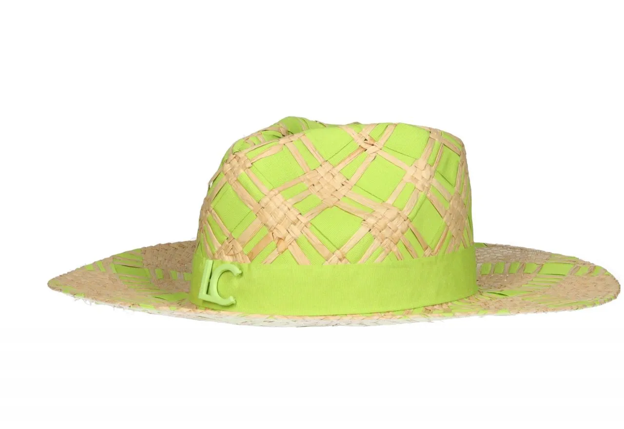 Sombrero Trenzado Lima/beige Banda Logo Lacado Al Tono