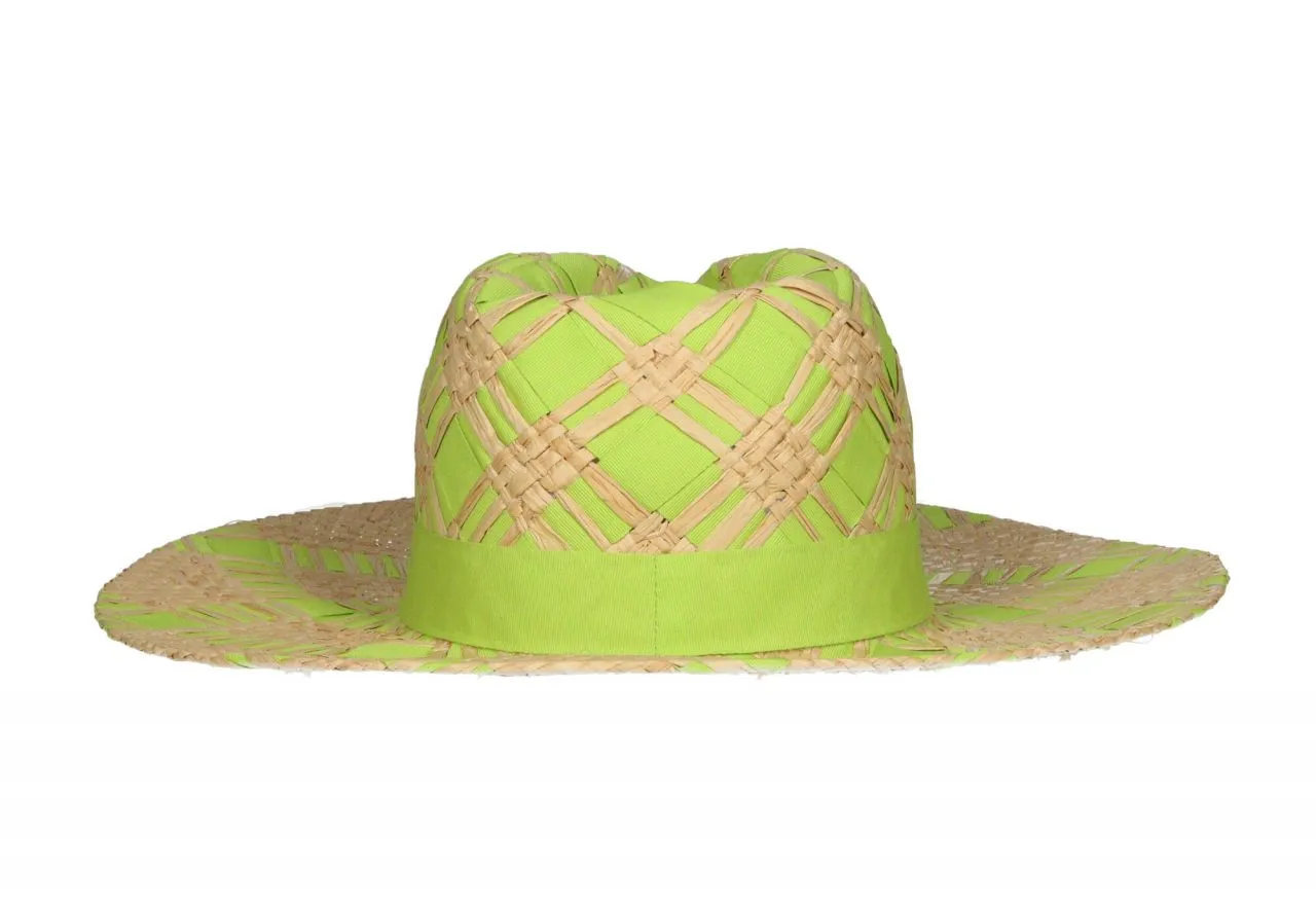 Sombrero Trenzado Lima/beige Banda Logo Lacado Al Tono